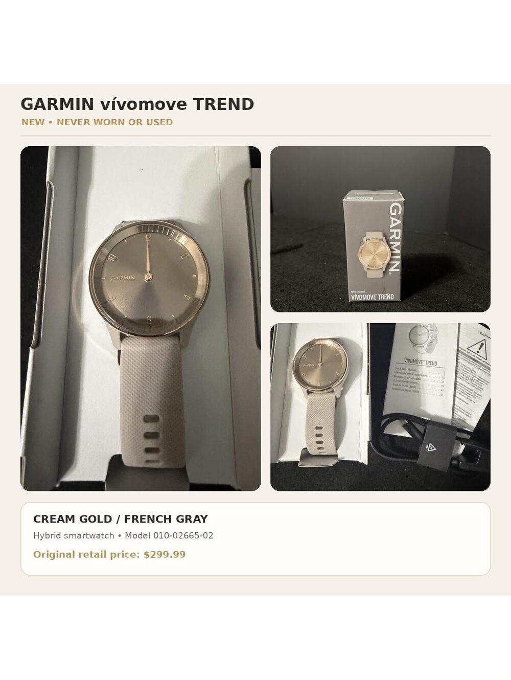 Garmin Vivomove Trend Hybrid Smartwatch Cream Gold/French Gray